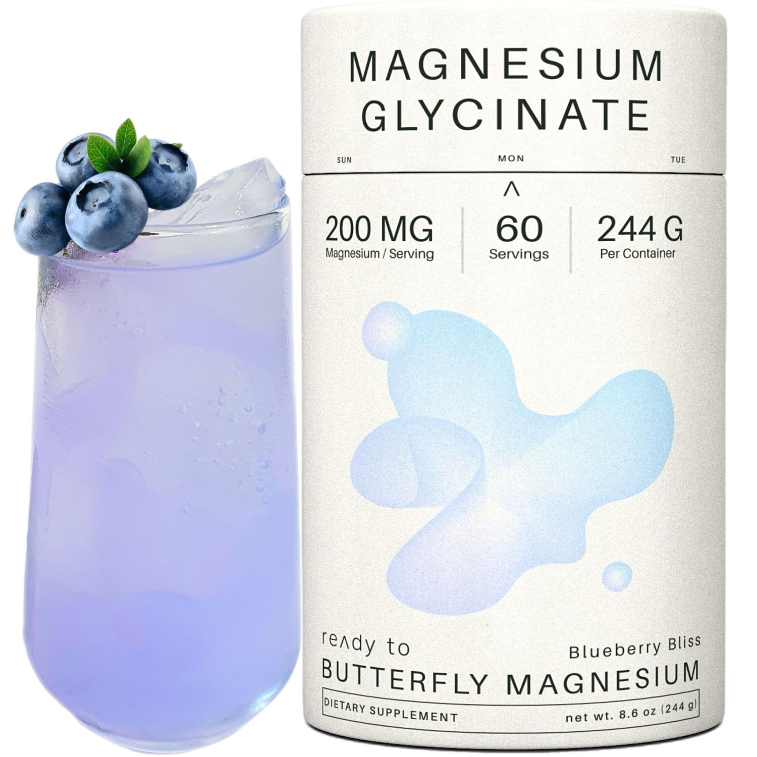 Magnesium Glycinate Powder 200mg High Absorption Chelated Bisglycinate with Organic Butterfly Pea Flower Supports Stress Relief, Calm Sleep 8.6 oz, 60 Servings