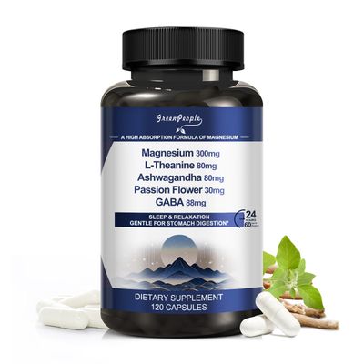 GREENPEOPLE Magnesium Glycinate Supplement Caps 300mg Triple Magnesium Complex, AshwagandhaL-TheanineGABA Support Sleep, Muscle, Energy Heart for Men Women - Vegan, High-Absorption - 120 CT