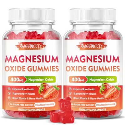 2 Pack Magnesium Oxide Gummies 400mg, Chewable Magnesium Oxide Supplement for Adults Kids, Nerve Muscle Support, Non-GMO, Sugar-Free, Strawberry Flavor, 120 Count