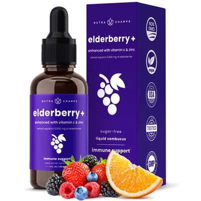 NutraChamps Organic Elderberry Syrup - 5000mg Elderberry Extract with Vitamin C Zinc - Black Elderberry Liquid Drops - Sugar-Free Immunity Booster, Vegan, Gluten-Free Elderberry Supplement