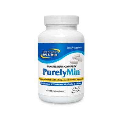 NORTH AMERICAN HERB SPICE PurelyMin - 90 Vegi Caps - Highly Absorbable Magnesium Complex L-Theanine - 30 Servings