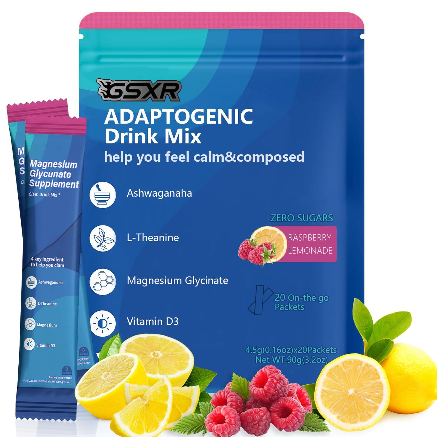 Adaptogenic Powder Drink Mix Powder, Calm Drink Mix, Magnesium Glycinate,Ksm-66 Ashwagandha,Vitamin D3, Raspberry Lemonade, Supplements for Relaxation SleepFocus, No Sugar, Non-GMO, 3.2 oz, 20 Srvgs