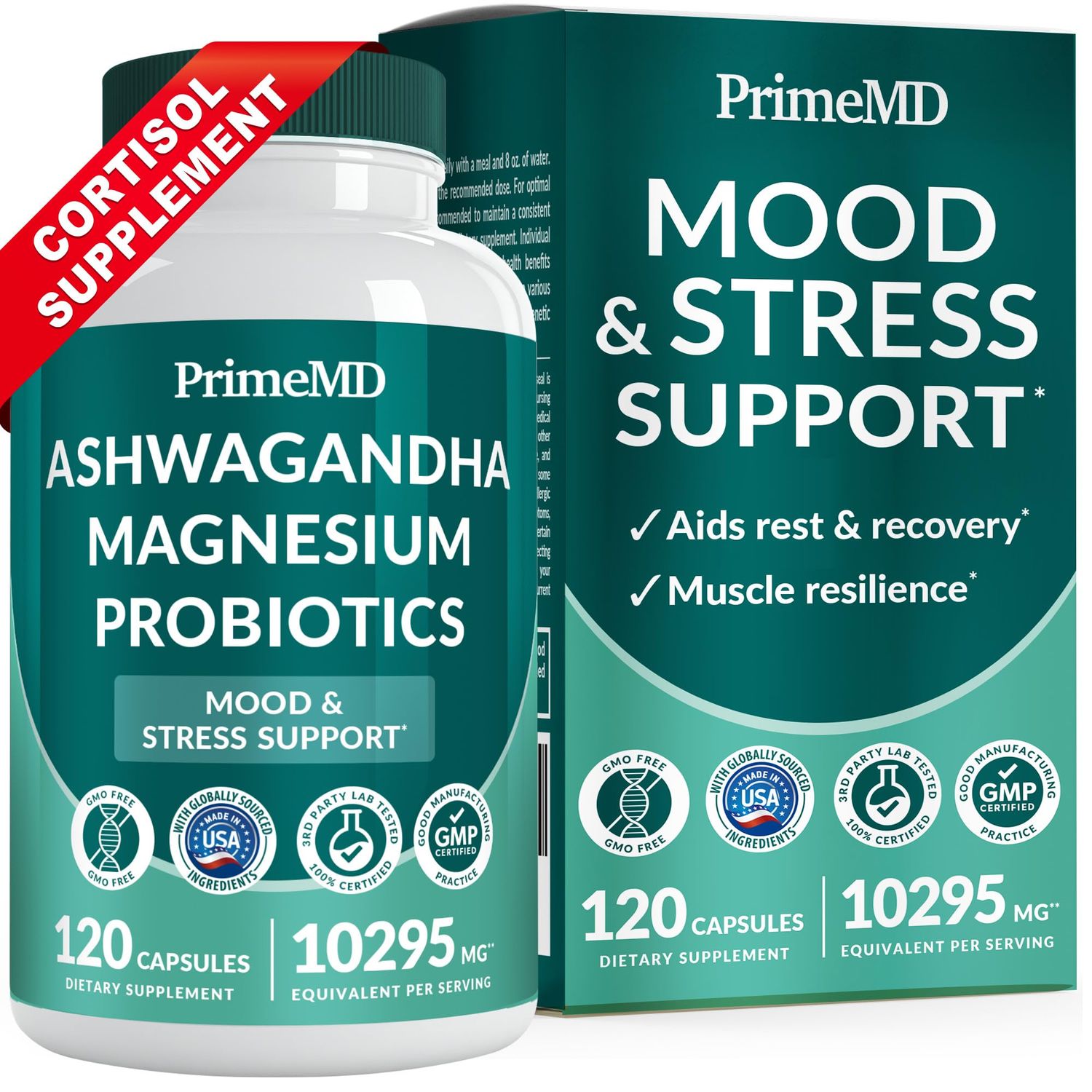 5-in-1 Cortisol Supplement with Ashwagandha for Mood, Stress, Relaxation, Adrenal and Cortisol Support - Herbal Supplements with Shilajit Extract, Magnesium Glycinate, Probiotics (120 ct, Pack of 1)