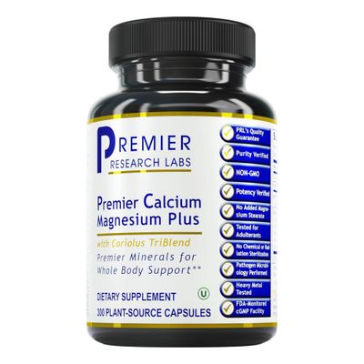 Premier Research Labs Calcium Magnesium Plus, Premier - for Bone, Joint Teeth Health - Optimal Alkaline pH - with Sustainably Harvested Calcium Calcium - Mushroom Blend - 300 Plant-Sourced Capsulea