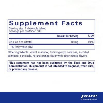 Pure Encapsulations Zinc Chewables Supplement for Immune System Support, Growth and Development, and Wound Healing 100 Chewable Tablets Natural Orange Flavor