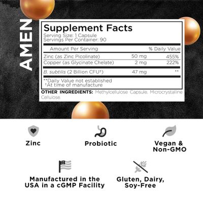 Amen Zinc Copper Supplement Probiotics, 3 Months Supply, One Per Day - 50 mg Zinc Picolinate Vitamin Pills - Essential Minerals Supplements - 2 Billion CFUs Probiotic - Vegan, Non-GMO, 90 Capsules