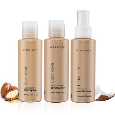 MOEHAIR Travel Pack: Color Alive Shampoo, Conditioner and Leave-in Conditioner - Complete Color-Safe Haircare Solution for Colored Hair