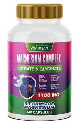 Vitamisan High Absorption Magnesium 6 Forms of Magnesium Citrate Chelated Glycinate Chloride Malate Oxide 140 Capsules Gluten Free Non GMO