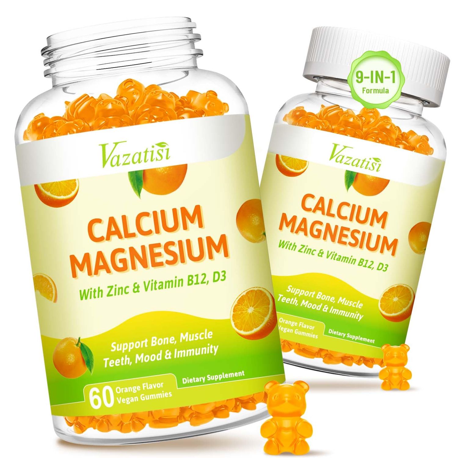 2 Pack Calcium Magnesium Zinc Gummies, Calcium Magnesium 2:1 Ratio with Vitamin D3 B12 for Support Muscle, Mood and Immunity, 120 Vegan Orange Flavor Gummies