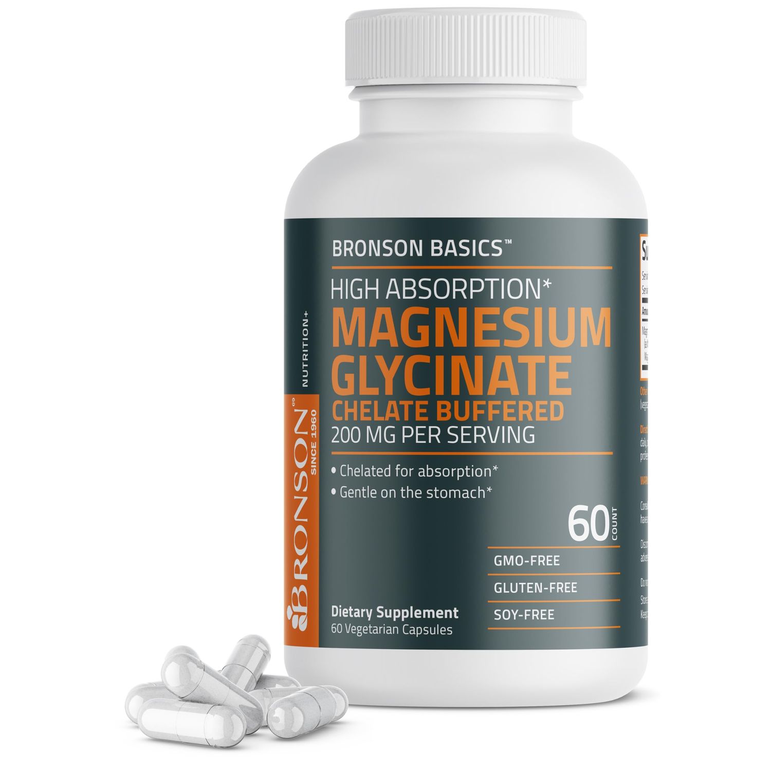 Bronson Magnesium Glycinate 200mg High Absorption Chelated Buffered Gentle On The Stomach Non-GMO, 60 Vegetarian Capsules