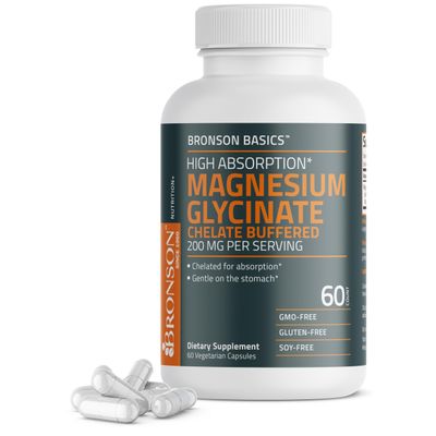Bronson Magnesium Glycinate 200mg High Absorption Chelated Buffered Gentle On The Stomach Non-GMO, 60 Vegetarian Capsules