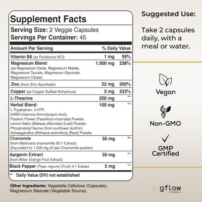 Gflow Vitamins Magnesium Glycinate Complex with 19 in 1 Vital nutrients - Magnesium Oxide Malate Taurate Citrate L Theanine, Ashwagandha L Tryptophan 5-HTP GABA Phosphatidyl Serine, Chamomile