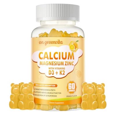 Calcium Magnesium Zinc Gummies with Vitamin D3 K2 - High Potency Enhanced Absorption -60 Orange Gummies Flavored