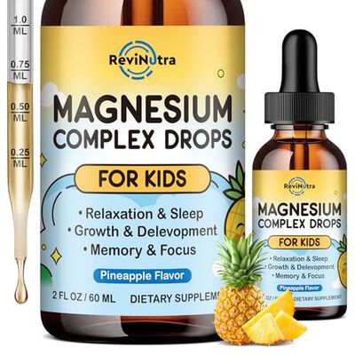 Kids Magnesium Liquid Drops - Magnesium Glycinate Liquid for Kids, L-Threonate Supplement with L-Theanine, Calcium, Zinc, Vitamin D3 K2 for Sleep Calm Relaxation Brain Bones, Pineapple Flavor 2 Fl Oz