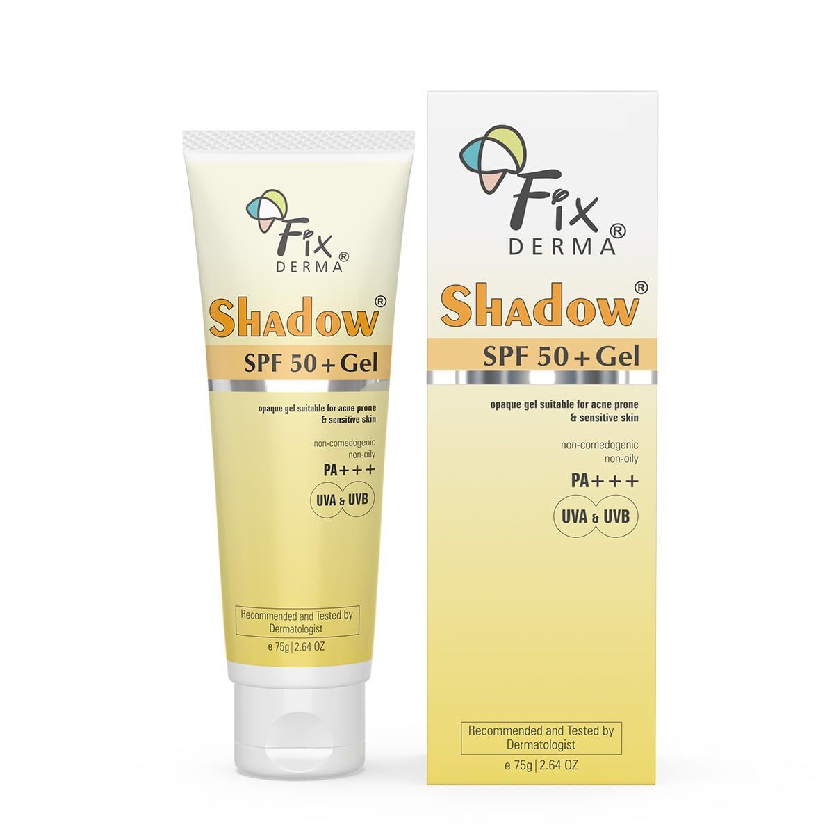 Fixderma Shadow SPF 50 Gel Sunscreen for Face Titanium Dioxide Zinc Broad Spectrum UVA and UVB Protection Water Resistant, Lightweight Sunscreen - 2.64 Oz