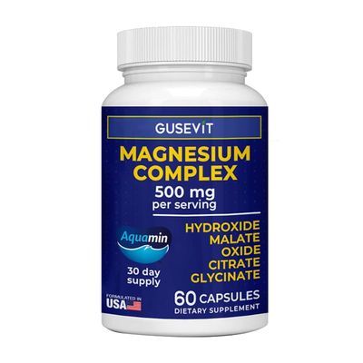 GUSEVIT 5-in-1 Magnesium Complex Supplement with 72 Trace Minerals, 500mg Sleep Support, Energy Boost Stress Relief Magnesium Glycinate, Citrate, Malate, Oxide Aquamin Hydroxide 60 Count