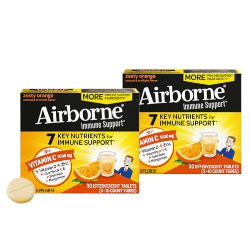 Airborne 1000mg Vitamin C Zinc Sugar Free Multivitamin Immune Support Effervescent Fizzy Drink Tablets, Zesty Orange Flavor with Powerful Antioxidants Vitamins A C E, 30 Tablets (2 Pack)