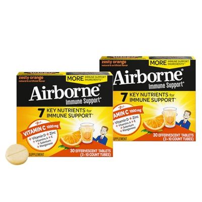 Airborne 1000mg Vitamin C Zinc Sugar Free Multivitamin Immune Support Effervescent Fizzy Drink Tablets, Zesty Orange Flavor with Powerful Antioxidants Vitamins A C E, 30 Tablets (2 Pack)