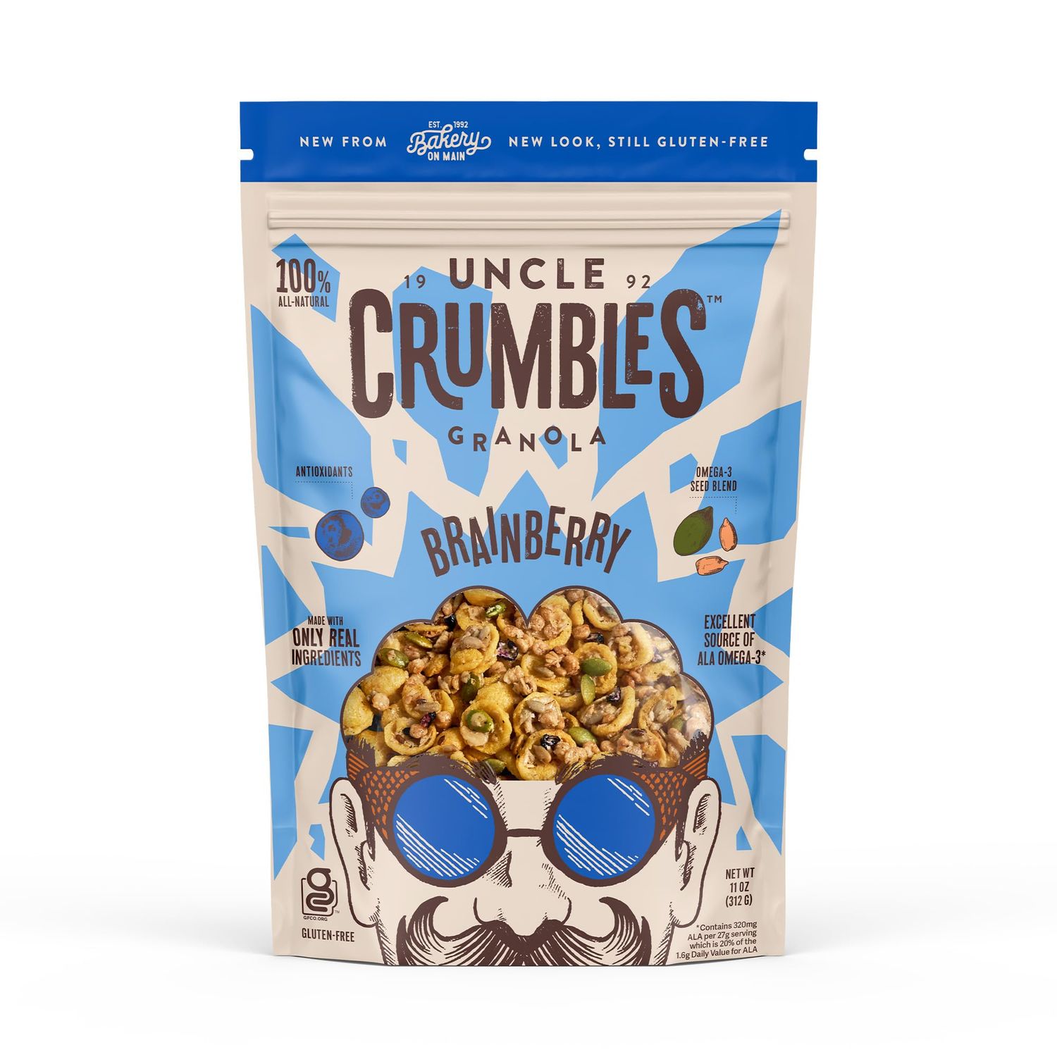 Uncle Crumbles Brainberry Granola, Gluten-Free, Non-GMO Project Verified, Kosher, 16g of Whole Grains Per Serving, Blueberry, 11 oz
