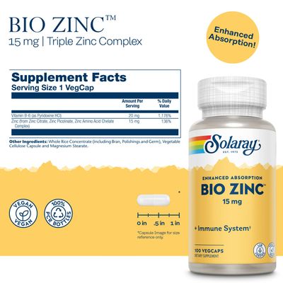 Solaray Bio Zinc 15 mg Triple Zinc Complex for Healthy Immune System, Endocrine Cell Function Support 100 VegCaps
