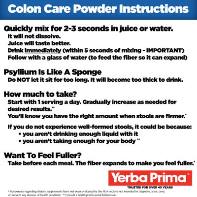 Yerba Prima Prebiotic Colon Care Formula Powder 12 oz - Natural Psyllium Fiber, FOS, Magnesium, Selenium - Non-GMO, Gluten Free, Vegan Daily Supplement for Men Women