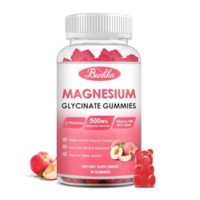 Bunkka Magnesium Glycinate Gummies - Sugar Free, Magnesium Complex Potassium Supplement with Potassium, VitaminD, B6 for Calm, Sleep Stress Relief for Adults - 60 Peach Gummies