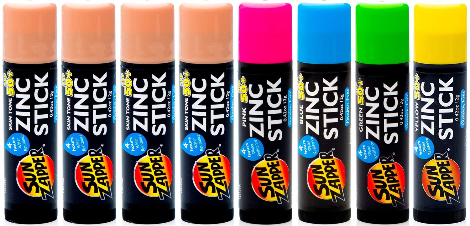 Sun Zapper Zinc Stick Mineral Sunscreen (Light Skin Tone, Pink, Blue, Green, Yellow) SPF 50 Water Resistant for Face Body, Adults, Kids, 8-Pack Broad Spectrum Sun Block, Made in Australia