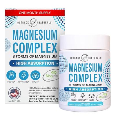 Outback Naturals Magnesium Complex Powder - 8 Types of Magnesium, L-Threonate (Magtein), Glycinate, Malate, and More for Brain Health, Relaxation, Maximum Absorption - Unflavored, 30 Servings