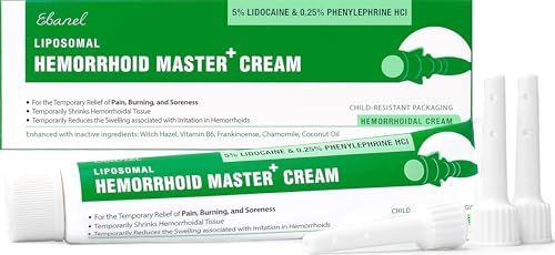 Ebanel 5 Lidocaine Hemorrhoid Treatment Cream with Witch Hazel, Phenylephrine, Horse Chestnut, Vitamin B6, Zinc Oxide, External and Internal Hemorrhoids Treatment Burn Itch Pain Relief Anal Cream