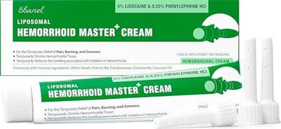 Ebanel 5 Lidocaine Hemorrhoid Treatment Cream with Witch Hazel, Phenylephrine, Horse Chestnut, Vitamin B6, Zinc Oxide, External and Internal Hemorrhoids Treatment Burn Itch Pain Relief Anal Cream
