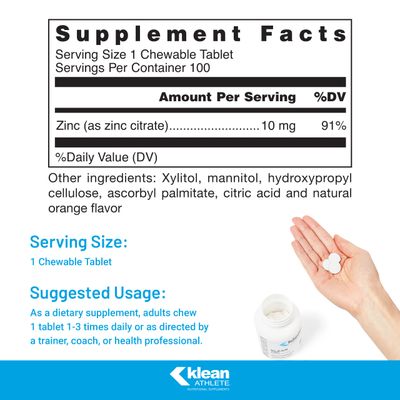 Klean ATHLETE Klean Zinc Support for Immune System Function NSF Certified for Sport 100 Chewable Tablets Natural Orange Flavor