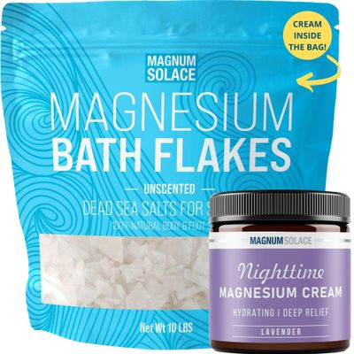 Magnesium Flakes for Bath 10 LBS, Plus Nighttime Magnesium Cream - Inside The Bag, Lavender