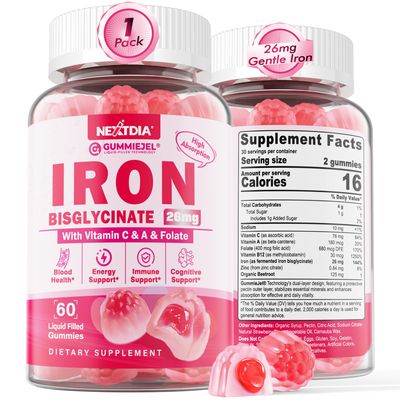 Vegan Iron Supplement for Women 26mg, Iron Gummies wVitamin C, Beetroot, Folate, B12, Zinc, for Iron Deficiency, Energy Boost, Non-Constipating, No After Taste, Strawberry Flavor, Sugar-Free 60Cts