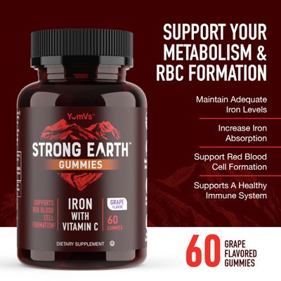 YUM-V'S Strong Earth Iron with Vitamin C Gummies (60 Count) - Iron Supplements with Vitamin C Gummy - Blood Builder Anemia FE Iron Gummies, Iron Supplement for Women and Men