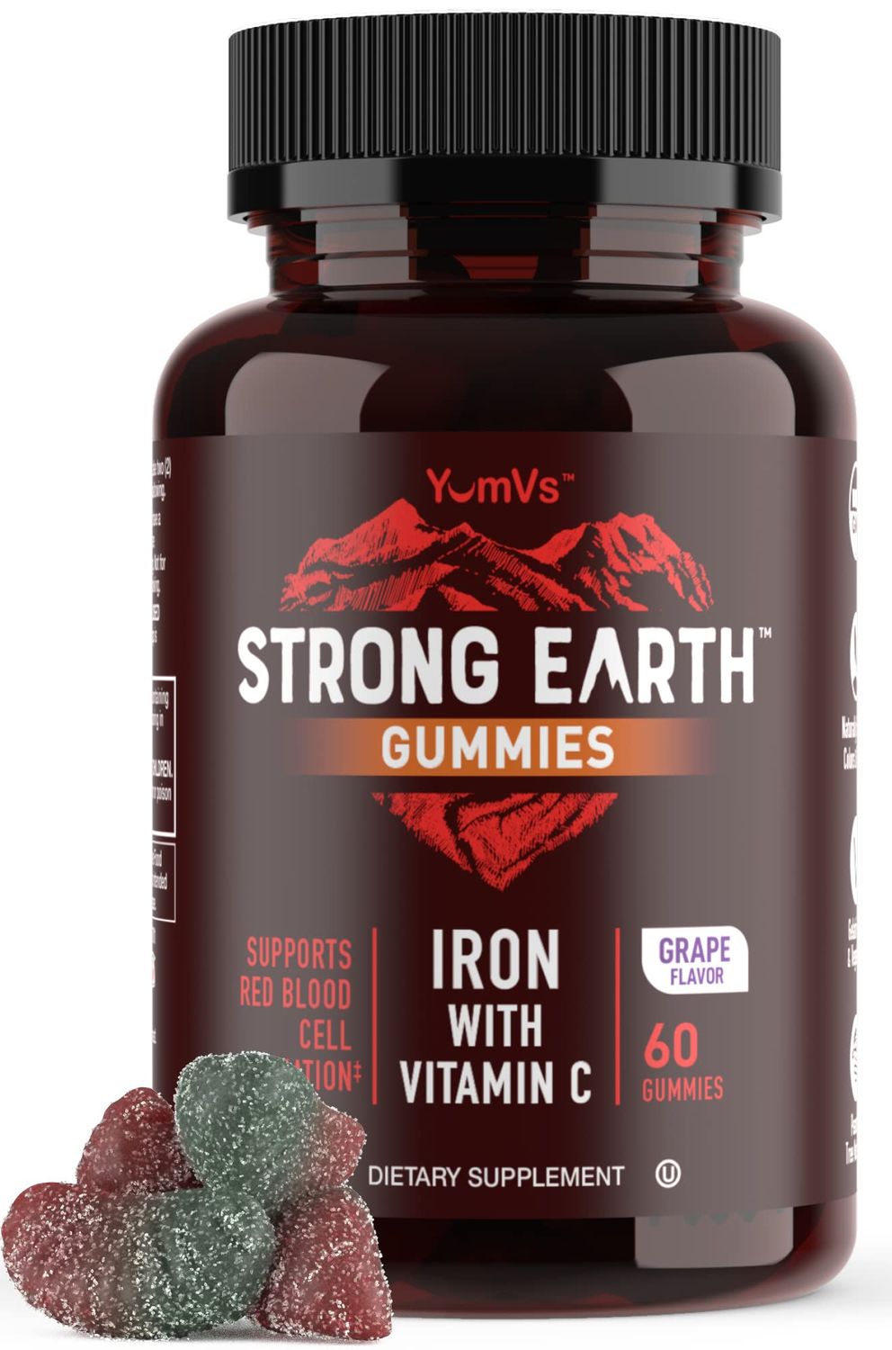YUM-V&#39;S Strong Earth Iron with Vitamin C Gummies (60 Count) - Iron Supplements with Vitamin C Gummy - Blood Builder Anemia FE Iron Gummies, Iron Supplement for Women and Men