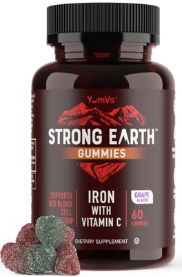 YUM-V&#39;S Strong Earth Iron with Vitamin C Gummies (60 Count) - Iron Supplements with Vitamin C Gummy - Blood Builder Anemia FE Iron Gummies, Iron Supplement for Women and Men