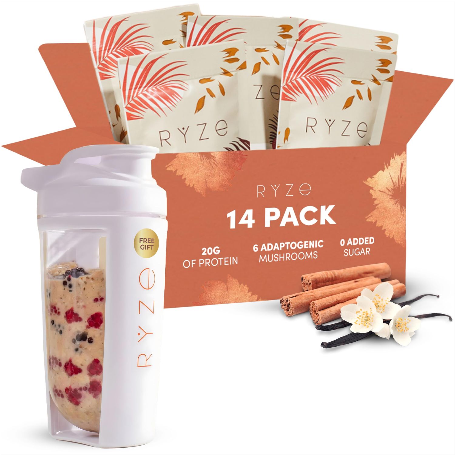 RYZE Mushroom Overnight Oats, Oatmeal with 6 Adaptogenic Mushrooms and 20g Grass-Fed Whey Protein Chia Seeds, Turkey Tail, Shiitake, Lion&#39;s Mane, Reishi, Cordyceps, Healthy Breakfast, 14 servings