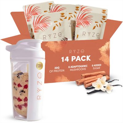 RYZE Mushroom Overnight Oats, Oatmeal with 6 Adaptogenic Mushrooms and 20g Grass-Fed Whey Protein Chia Seeds, Turkey Tail, Shiitake, Lion&#39;s Mane, Reishi, Cordyceps, Healthy Breakfast, 14 servings
