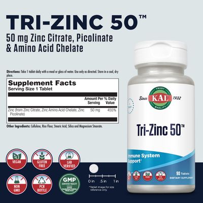 KAL Tri Zinc 50mg wZinc Citrate, Zinc Amino Acid Chelate and Zinc Picolinate, Healthy Metabolism and Immune Support Supplement, Vegan, Gluten Free, Non-GMO, 60-Day Guarantee, 90 Servings, 90 Tablets