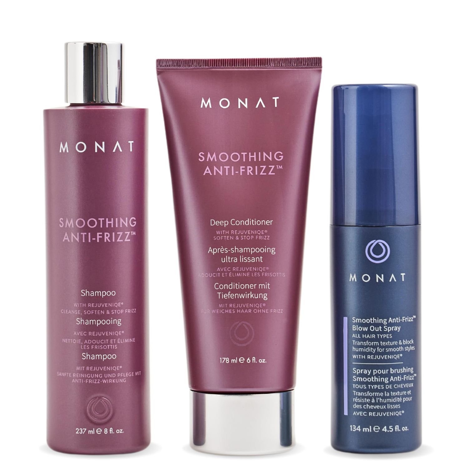 MONAT Smoothing Anti Frizz System - Frizz Resistant Hair Care with Anti Frizz Shampoo Frizz Control Conditioner Blowout Styling Spray - Professional Hair Smoothing Hair Therapy for Frizz