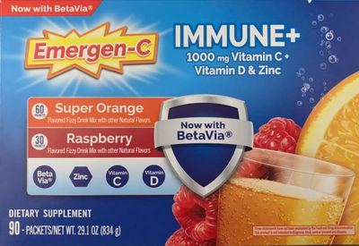 Emergen-C Immune 1000 mg Vitamin C Vitamin D Zinc, (Super Orange 60 CtRaspberry 30Ct) 90 Packets