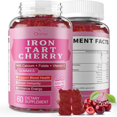 OALSE Tart Cherry Iron Supplement for Women Men, Iron Gummies with Calcium, Zinc, Folate Vitamin C B12 for Immune Support, (60 Count) - Sugar Free,Vegan (Tart Cherry Flavor)