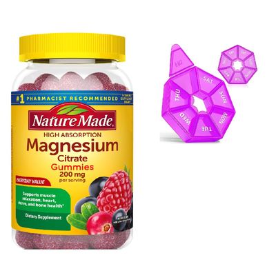 Nature Made Magnesium Citrate 200 mg High Absorption Mixed Berry 64 Gummies Bundle with Weekly Pill Organizer.(Pack of 1)