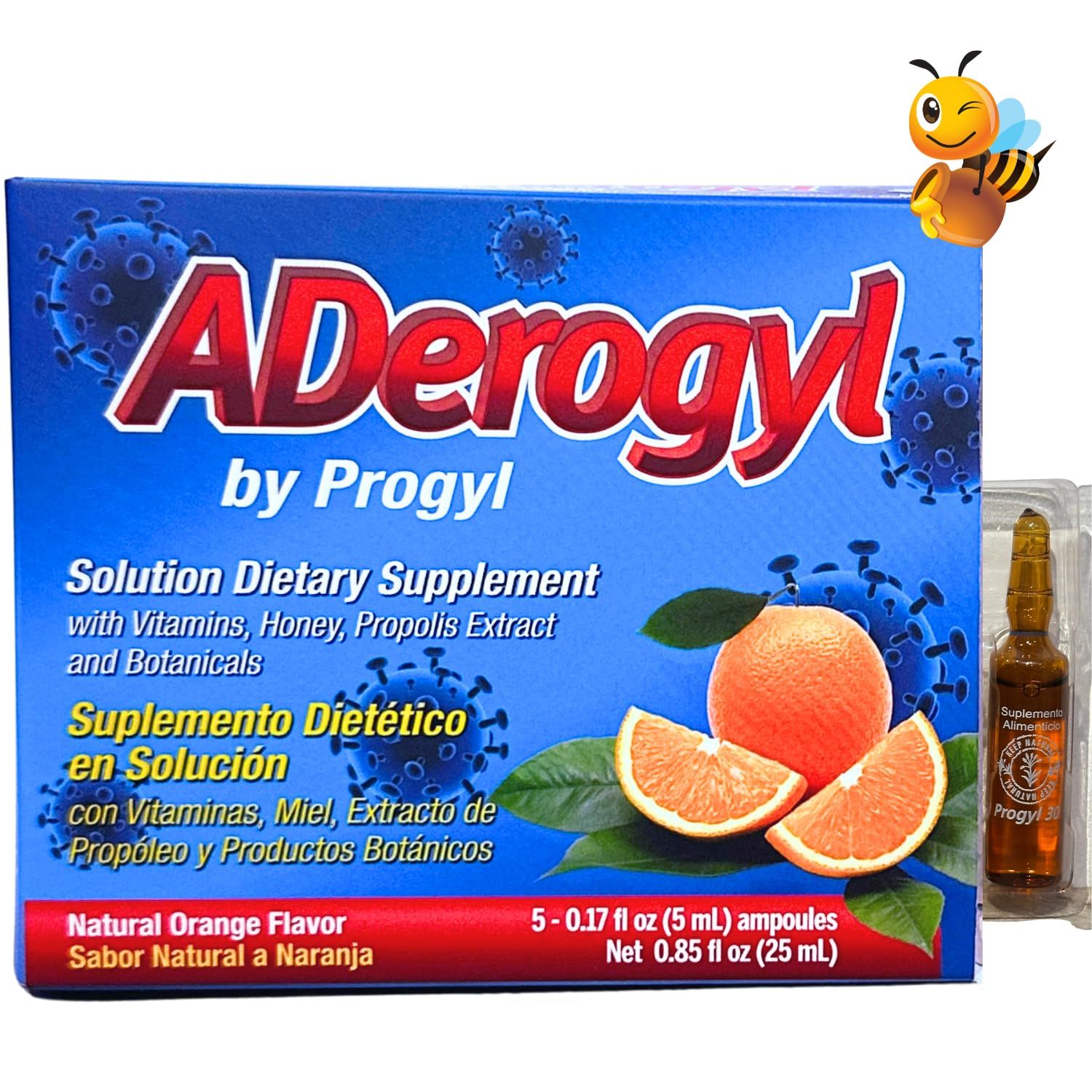 Aderogyl Oral Liquid Vitamins with A, C, D, E, Zinc, Bee Honey, Propolis, and Botanical Extracts - Natural Orange Flavor - 5 Immune Support Supplement Ampoules (0.85 fl oz 25 ml)