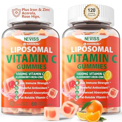 Liposomal Vitamin C 1000mg Gummies for Adults - Vitamin C Chewable 1500mg with 8mg Iron, Zinc Elderberry - Immune Support, Immune Booster Supplement - for Energy, Collagen Booster, 2Pack Sugar Free