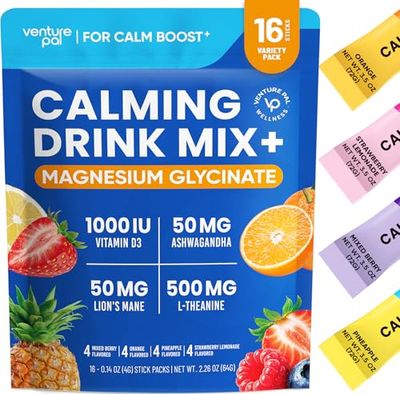 Venture Pal Magnesium Glycinate Powdered Drink Mix with Ashwagandha, Vitamin D, L-Theanine, Lions Mane, Sugar Free Magnesium Supplement Blend for Calm, Relax Focus, Non GMO, Vegan, 16 Sticks