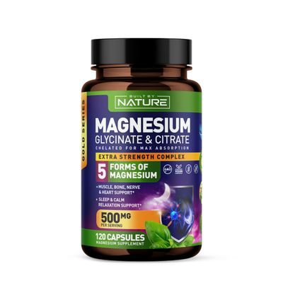 Magnesium Complex 500mg - 5 Forms of Magnesium Glycinate, Citrate, Malate, Oxide Aquamin with 72 Trace Minerals - Chelated for Absorption - Supplement for Muscle, Nerve, Heart Sleep (120 Capsules)