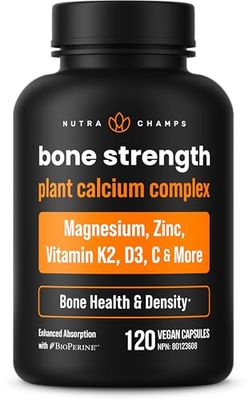 NutraChamps Bone Strength Supplements, Plant Based Calcium Supplement 600mg, Vitamin D3 2000 IU, K2, Magnesium, Potassium, Zinc, Boron Strontium, 120 Vegan Capsules