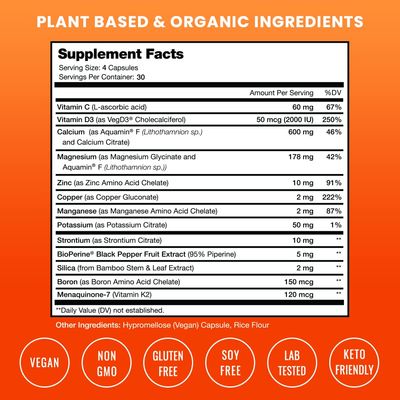 NutraChamps Bone Strength Supplements, Plant Based Calcium Supplement 600mg, Vitamin D3 2000 IU, K2, Magnesium, Potassium, Zinc, Boron Strontium, 120 Vegan Capsules