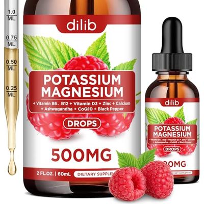 dilib Potassium Magnesium Citrate Supplement, Liquid Magnesium Citrate Drops 500mg with Ashwagandha, Calcium, Zinc, Vitamin D3, B6, B12, CoQ10 - Vegan 2 fl oz Raspberry Flavor